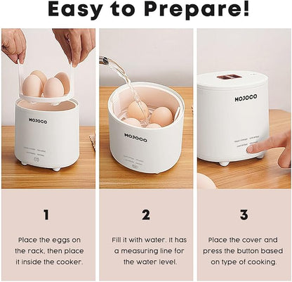 Mojoco Rapid Egg Cooker - Mini Cocedora de Huevos para Huevos Cocidos Duros, Pasados por Agua y Onsen Tamago al Vapor - Hervidor de Huevos Eléctrico para Uso en Cocina Doméstica o Dormitorio - Cocina Huevos Inteligente con Apagado Automático y Alarma