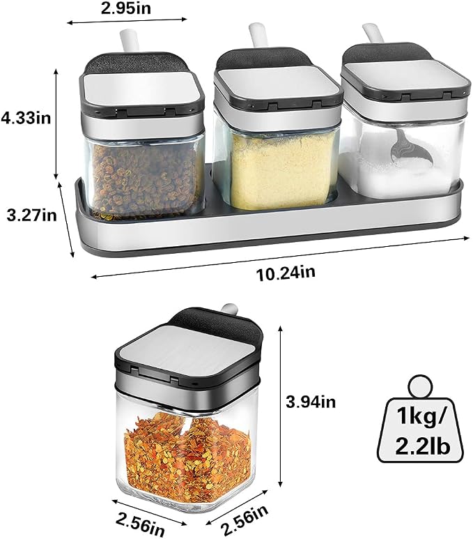 Botes de cristal para especias con cucharas y tapas