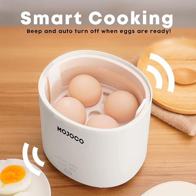 Mojoco Rapid Egg Cooker - Mini Cocedora de Huevos para Huevos Cocidos Duros, Pasados por Agua y Onsen Tamago al Vapor - Hervidor de Huevos Eléctrico para Uso en Cocina Doméstica o Dormitorio - Cocina Huevos Inteligente con Apagado Automático y Alarma