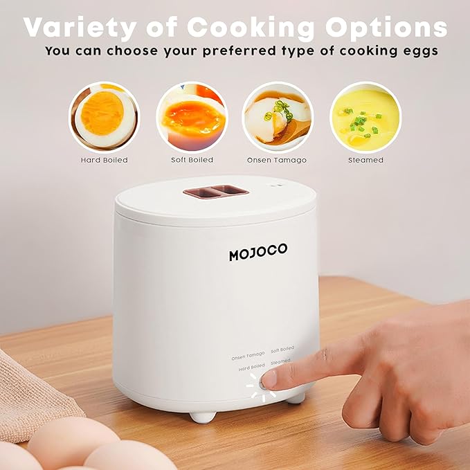 Mojoco Rapid Egg Cooker - Mini Cocedora de Huevos para Huevos Cocidos Duros, Pasados por Agua y Onsen Tamago al Vapor - Hervidor de Huevos Eléctrico para Uso en Cocina Doméstica o Dormitorio - Cocina Huevos Inteligente con Apagado Automático y Alarma
