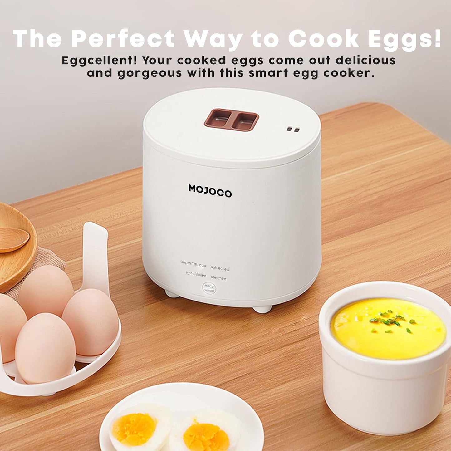 Mojoco Rapid Egg Cooker - Mini Cocedora de Huevos para Huevos Cocidos Duros, Pasados por Agua y Onsen Tamago al Vapor - Hervidor de Huevos Eléctrico para Uso en Cocina Doméstica o Dormitorio - Cocina Huevos Inteligente con Apagado Automático y Alarma