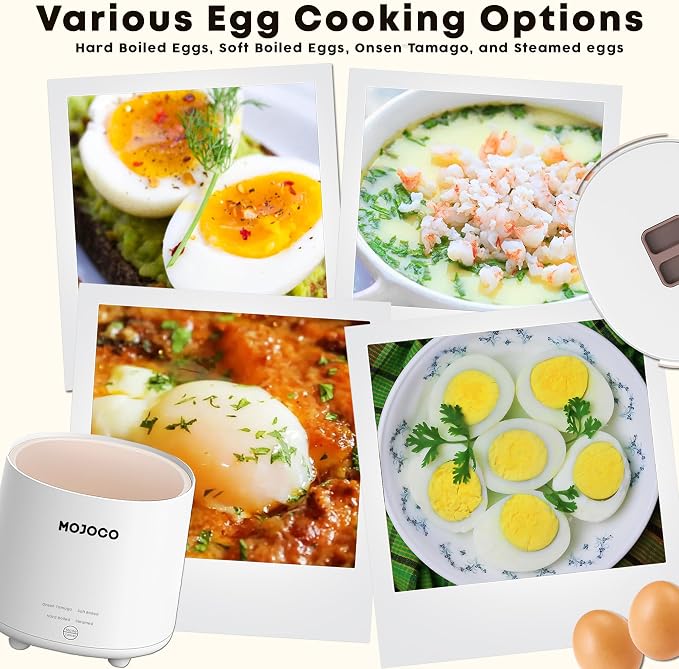 Mojoco Rapid Egg Cooker - Mini Cocedora de Huevos para Huevos Cocidos Duros, Pasados por Agua y Onsen Tamago al Vapor - Hervidor de Huevos Eléctrico para Uso en Cocina Doméstica o Dormitorio - Cocina Huevos Inteligente con Apagado Automático y Alarma