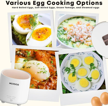 Mojoco Rapid Egg Cooker - Mini Cocedora de Huevos para Huevos Cocidos Duros, Pasados por Agua y Onsen Tamago al Vapor - Hervidor de Huevos Eléctrico para Uso en Cocina Doméstica o Dormitorio - Cocina Huevos Inteligente con Apagado Automático y Alarma