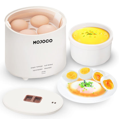 Mojoco Rapid Egg Cooker - Mini Egg Cooker for Steamed Hard Boiled Soft Boiled Eggs and Onsen Tamago - Electric Egg Boiler for Home Kitchen Dorm Use - Smart Egg Maker with Auto Shut OFF and Alarm